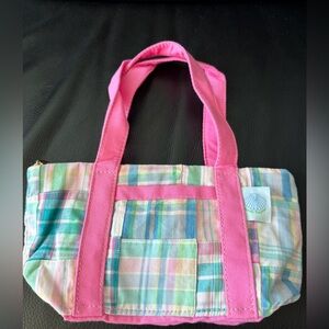 Susan Towner mini tote bag featuring a plaid patchwork design with pink trim.